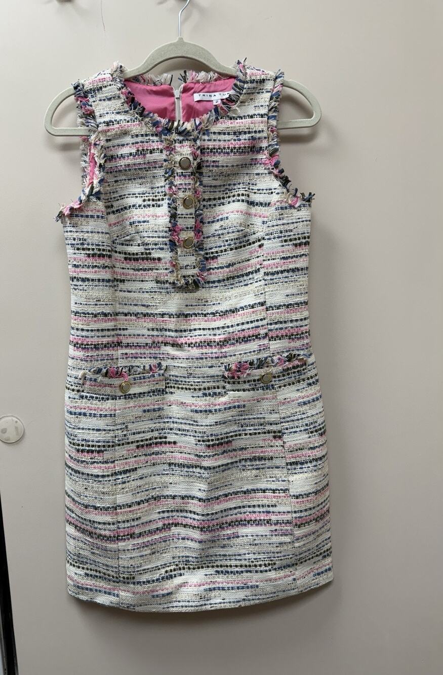 Trina Turk dress multicolor tweed shift dress sz 2 preppy